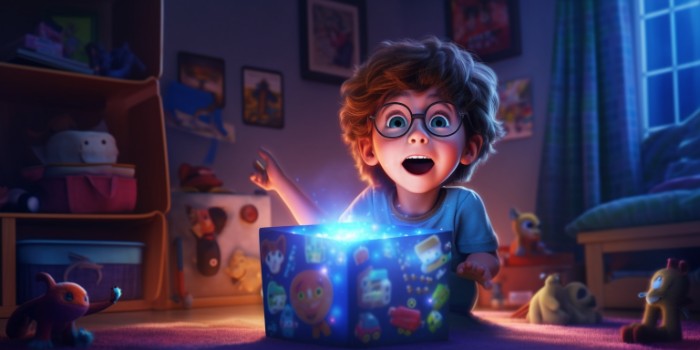 excited kid with mysterious glowing box upscaled