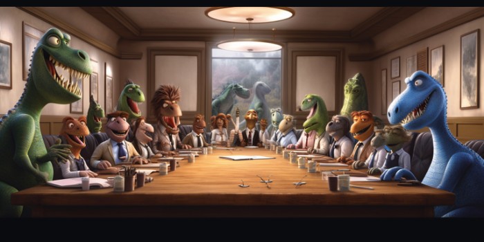 a conference room full of dinosaurs, dinosaurs wearing suits, presenting on a whiteboard, style Pixar, --s 300 --v 5.1 --ar 2:1