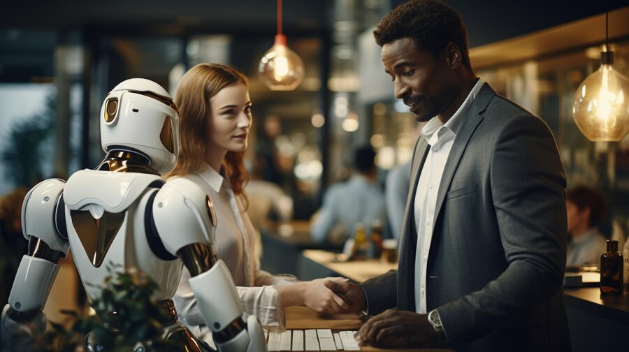 ai in b2b marketing people discussing next to robot
