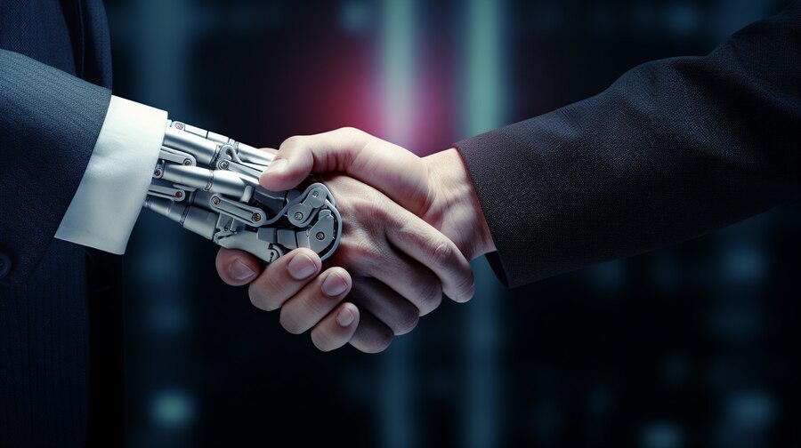 human hand shaking robot hand - collaboraton ai b2b marketing
