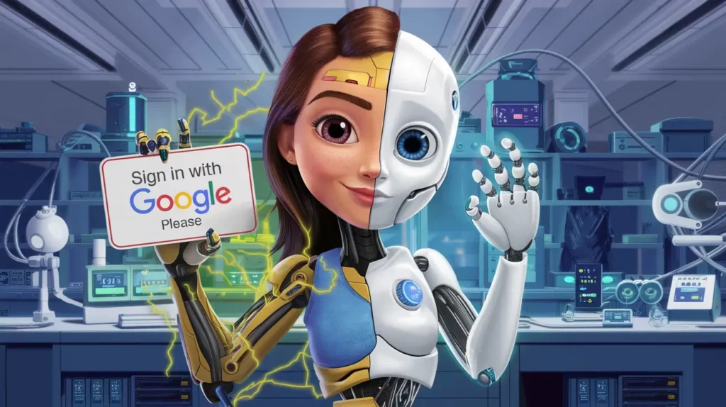 half woman half cyborg holding a sign saying sign in with google please